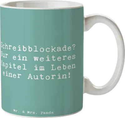 Produktbild von Mr. & Mrs. Panda Kaffeetasse Spruch Autorin Kapitel - Meeresbrise - Geschenk, Geschenke für Berufstätige, bedruckt, mit Herz, Tasse, überwinden, Keramiktasse, Erzählungen