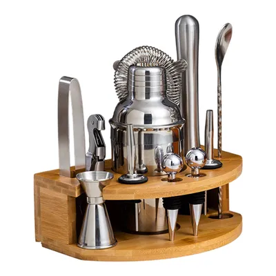Produktbild von 12-teiliges Cocktail Shaker Set mit Zubehör und Holzständer für Hausbar Party 750ML