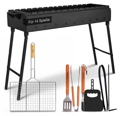 Produktbild von Mangal Stahl 2 mm 90 cm für 14 Spieße Grillrost Edelstahl Holzgriff, Grillbesteck, Grillfächer, Holzkohlegrill BBQ für Spieße oder Grillrost Schaschlik Shashlychnik Grill