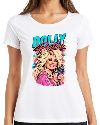 Obrázok produktu pre Dámske tričko s potlačou Dolly Parton, country hudobná legenda, speváčka, retro, ikona z Nashvillu, biela, veľkosť S