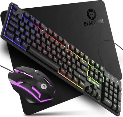 Zdjęcie produktu dla BEASTCOM® GS200 | Essential Gaming | Zestaw klawiatura, mysz i podkładka pod mysz | QWERTZ (DE) - Klawiatura RGB, mysz USB do gier, antypoślizgowa podkładka pod mysz - Kompatybilny z PC PS5 XBOX | Kompletny zestaw dla graczy Czarny