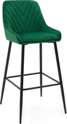 A green bar stool with black legs is shown against a white background.