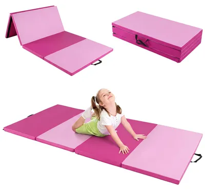 Image de COSTWAY, tapis de sol souple de 240x120x5 cm, tapis de gymnastique, rose foncé, tapis de yoga avec fermeture velcro et 2 poignées de transport, tapis de gymnastique, tapis pliable, tapis de fitness