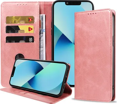 Produktbild von Smartphonica iPhone  13 Kunstledertasche mit Magnetverschluss und Kartenhaltern Buchhülle - Rosa
