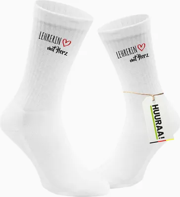Produktbild von Huuraa Uni Socken Lehrerin mit Herz 42/46 White Baumwolle Tennissocken Geschenkidee