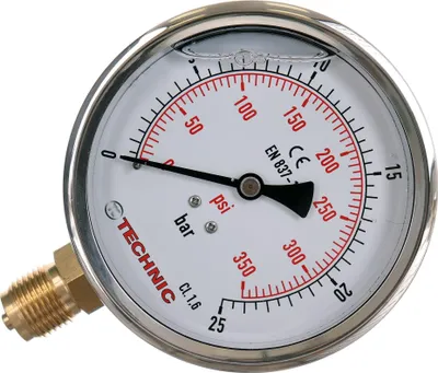 Zdjęcie produktu dla Manometr do napełniania gliceryną 100 mm - 0-25 bar, przyłącze dolne 1/2"
