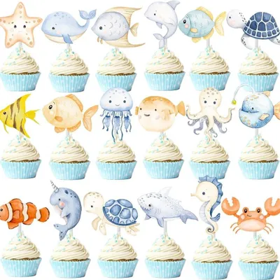 Productafbeelding van Cupcake Toppers 36 Stuks Oceaan Thema - Cupcake Decoratie - Taartdecoratie - Schattige Dieren - Eerste Verjaardag - Babyshower - Taartdecoraties