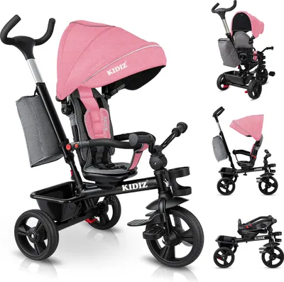Produktbild von KIDIZ® Dreirad 5in1 Kinderdreirad mit Schubstange Lenksystem Stange ab 1 Jahr vorwärts und Rückwärtsfahrt Jogger , Korb Tasche Getränkehalter Sonnendach Gummiräder, Buggy Fahrrad Baby Klappbar