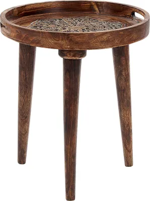 Produktbild von BELIANI Beistelltisch 2er Set Dunkelbraun aus Mangholz mit Griffen u. Verzierungen Vintage Retro Rustikal Rund Dreibein Couchtisch Set für Wohnzimmer