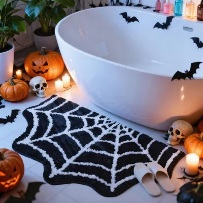 Obrázok produktu pre Podložka pod vaňu s motívom pavučiny, Halloween, protišmyková, 69 x 55 cm, mikrovlákno