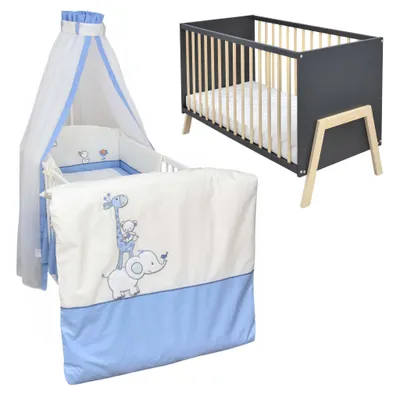 Produktbild von Babybett Kinderbett Gitterbett Juna 60x120 Anthrazit Schutzgitter Matratze Bettwäsche Set 10tlg Zirkus Blau