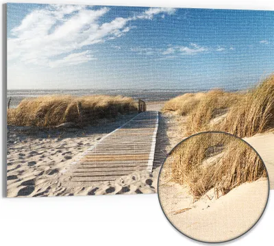 Produktbild von DEQORI Hybrid Leinwand Bild 90x60 cm 'Strandaufgang am Meer' Wandbild Glas flach modern