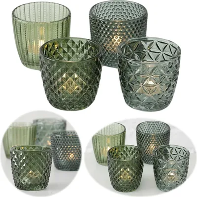 Produktbild von LS-LebenStil 4´er Set Glas Teelichthalter Retro Grün 7cm Teelichtglas Windlichthalter Kerzenhalter Kerzenglas Kerzenständer für Teelichter