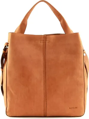 A tan leather tote bag is shown against a white background.