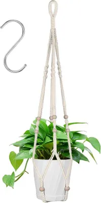 Image de Support pour plante en macramé avec filet en coton, crochets de suspension, 89 cm, terrasse, plafond