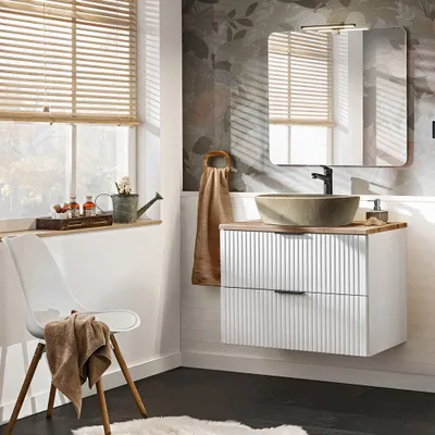 Produktbild von Badmöbel Set matt weiß Rillenoptik ADELAIDE-56-WHITE 80 cm Spiegel & Waschtisch mit Keramikbecken