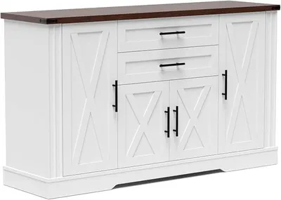 Obrázek produktu pro Komoda ve venkovském stylu, šířka 140 cm. Kuchyňská skříň s pracovní deskou, komoda se 4 dvířky a 2 zásuvkami, úložná skříň do obývacího pokoje, kuchyně a jídelny, bílá barva
