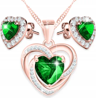 Immagine prodotto di Set di collana e orecchini placcati oro con cuori di zirconi verdi, argento 925