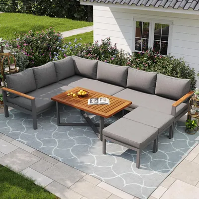 Image de Ensemble de mobilier de jardin 6 pièces en fer galvanisé et bois massif, ensemble lounge pour 8 personnes, résistant aux intempéries, avec table et coussins