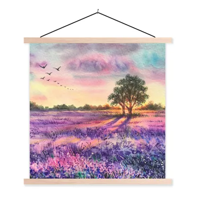 Produktbild von MuchoWow® Textilposter Lavendel - Farbe - Vögel - Bäume - Lila 120x120 cm mit holzfarbenen Rahmen - Textil-Poster
