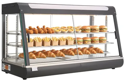 Produktbild von VEVOR 3-stöckige Wärmetheke 180 L, Warmhaltevitrine 1600 W, Warmhaltetheke 30–85 °C, Speisenwärmer mit LED-Beleuchtung & Verstellbaren Ablagen, Speisevitrine für Hamburger Pizza Brot Brathähnchen