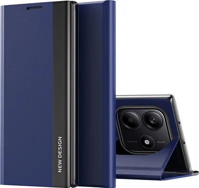 A navy blue flip case for a smartphone is shown in a studio setting.