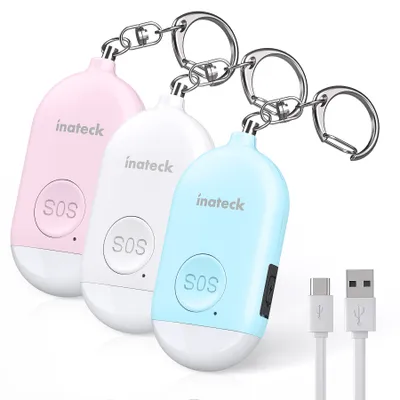 Produktbild von Inateck Persönlicher Alarm Wiederaufladbarer Selbstverteidigungsalarm Schlüsselanhänger mit LED-Beleuchtung für Frauen, Männer, Kinder und ältere Menschen, 130 db, 3er-Pack, PA1001