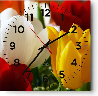 Produktbild von Wanduhr - Quadrat - Glasuhr - Tulpen Vase Blumenstrauß - 30x30cm - Schleichendes Uhrwerk - Lautlos - zum Aufhängen bereit - Dekoration Modern - Wanddekoration aus Glas - C4AC30x30-1366