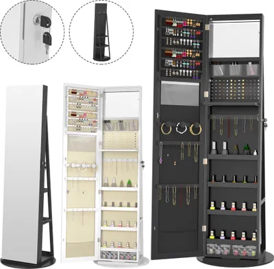 Obrázek produktu pro XMTECH skříňka na šperky 3 v 1 se zrcadlem po celé délce a vnitřním zrcadlem, k montáži na stěnu nebo na dveře, uzamykatelná zrcadlová skříňka s úložným prostorem a velurovou podšívkou, organizér na šperky bílý