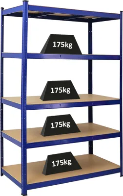 A blue metal shelving unit with four shelves, each holding a black trapezoidal weight labeled '175kg'.