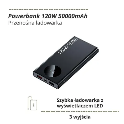 Zdjęcie produktu dla powerbank 120W 50000mAh - Czarny - Szybka ładowarka z wyświetlaczem LED i 3 wyjściami