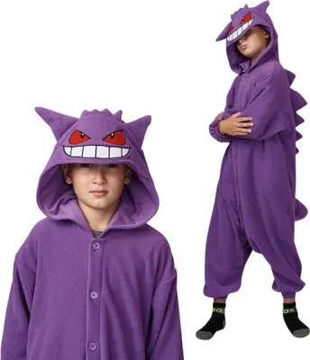A child wearing a Gengar Pokemon costume, shown from the front and in a three-quarter view.
