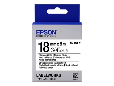 Produktbild von Epson Etikettenkassette LK-5WBW - Stark haftend - schwarz auf weiß - 18mmx9m, Schwarz auf weiss, Japan, LabelWorks LW-1000P LabelWorks LW-400 LabelWorks LW-400VP LabelWorks LW-600P LabelWorks LW-700..., 1,8 cm, 9 m, 1 Stück(e)