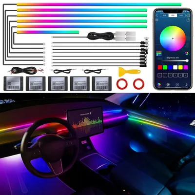 Zdjęcie produktu dla Oświetlenie wnętrza samochodu LED z kontrolą za pomocą aplikacji, RGB, efekt "dreamcolor", 18 trybów, 593 diody LED, 440 cm światłowodów, synchronizacja z muzyką