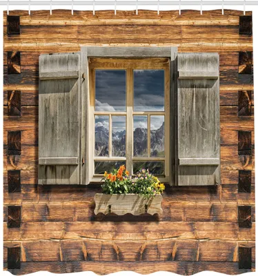 Produktbild von ABAKUHAUS Rollladen Duschvorhang, Verwitterte Fassade Einer Berghütte Mit Sommer Gebirgsreflexionen Auf Fenster, Stoffliches Gewebe Badezimmerdekorationsset mit Haken, 175x180 cm, Braun Grün