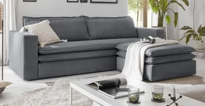 Produktbild von Sofa Set "Pesaro" in grau Cord Couch 3-Sitzer mit Bettfunktion inklusive Hocker