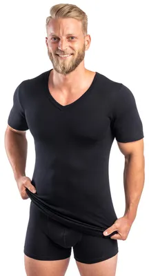 Produktbild von HERMKO 554880 Herren kurzarm Shirt mit V-Ausschnitt aus Baumwolle/Modal/Elasthan, Größe:D 8 = EU XXL, Farbe:schwarz