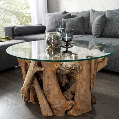 Produktbild von Design Couchtisch NATURE LOUNGE Teakholz mit runder Glasplatte Beistelltisch Wohnzimmertisch Sofatisch