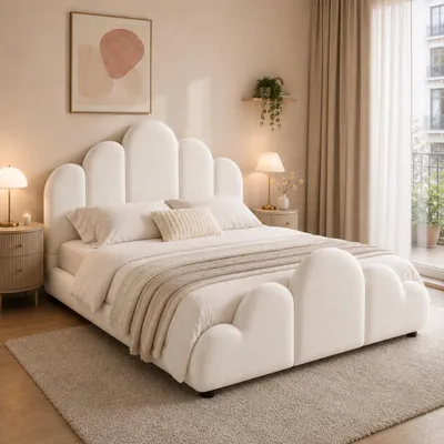 Produktbild von Flieks Polsterbett 140x200cm mit gepolstertem Kopfteil, Jugendbett Kinderbett mit Lattenrost, Doppelbett Holzbett mit Samt-Bezug, Beige, KI-generiertes Bild