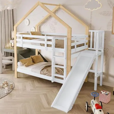 Produktbild von okwish Kinderbett Etagenbett mit Rutsche und dreistufiger Winkelaufstiegsleiter,Hausbett mit Absturzsicherung, Weiß+Natur, 90x200cm mit einer Matratze