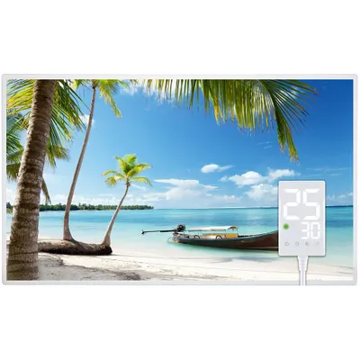 A tropical beach scene with palm trees, a boat, and a digital thermometer.