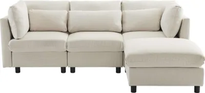 Produktbild von AIORBER Ecksofa L-förmig, 3-Sitzer, Leinen, hohe Rückenlehne, Fußhocker, verstellbare Kissen, Wohnzimmer, Beige / Grau