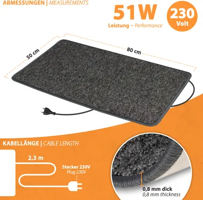 Produktbild von Infrarot Heizteppich Heizmatte 50x80cm Teppichheizung Fußwärme 51 Watt 230V Anthrazit Pro Car