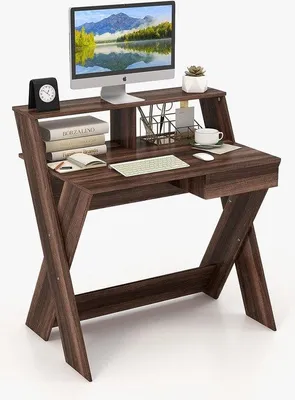 Produktbild von Famanu Computertisch mit Schublade, Schreibtisch mit Monitorerhöhung, X-förmig, aus Holz, für kleine Räume, 90 x 61 x 94 cm (Walnuss)