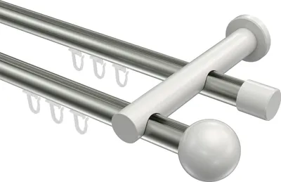 Produktbild von Interdeco Innenlaufstange / Gardinenstange mit Innenlauf Edelstahl-Optik / Weiß, Typ Platon Luino (Kugel), 20 mm Ø 2-läufig, 160 cm