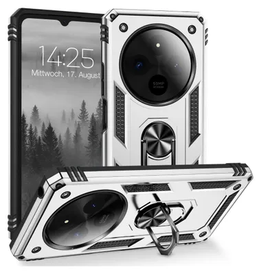 A silver and black phone case with a ring stand, shown from multiple angles.
