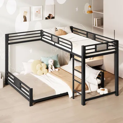 Obrázek produktu pro MODFU Dětská postel 90/140×200 cm s ochranou proti pádu, dvojlůžko s L-kovým rámem, vhodný rám postele pro chlapce i dívky, černá, bez matrace