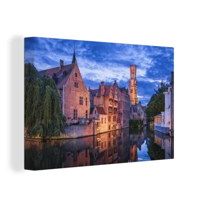 Zdjęcie produktu dla OneMillionCanvasses® - Wydruki na płótnie - 150x100 cm, Widok z Rozenhoedkaai na dzwonnicę w Brugii o zmierzchu, grafika ścienna dekoracja ścienna