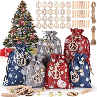 Produktbild von DIY Adventskalender Stoffsäckchen mit Holzklammern und Glocken