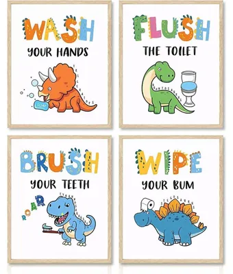 Productafbeelding van Dinosaurus wanddecoratie set voor de badkamer, 20x25 cm, 4 stuks, ongeramd